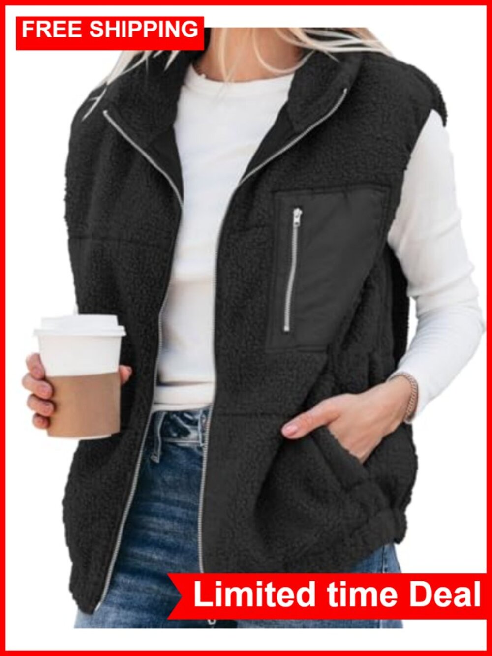 Oversized Sherpa Fleece Zip Up Vest Sleeveless Outerwear